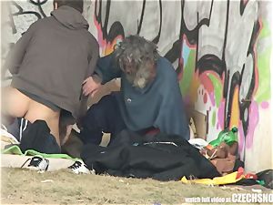 Homeless three way Having lovemaking on Public